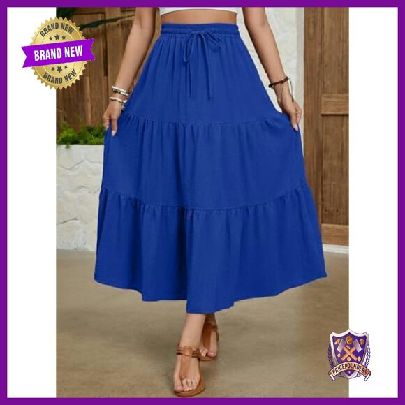 Maxi Skirt Elastic Waist A-Line Tiered Ruffle Long with Pockets - Picture 3 of 8